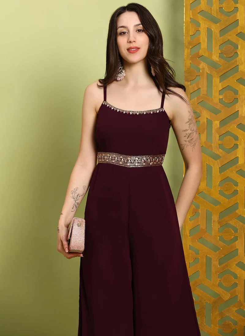 globus Brown Globus Women Brown Scoop Neck Shoulder Straps Embroidered Detail Georgette Flared Festive Jumpsuit for Women | Best Price UAE